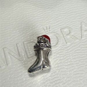 Pandora Silver and Red Holiday Teddy Bear In Stocking Charm